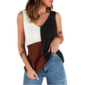 Black white brown color block sleeveless knit v-neck sweater tank size medium